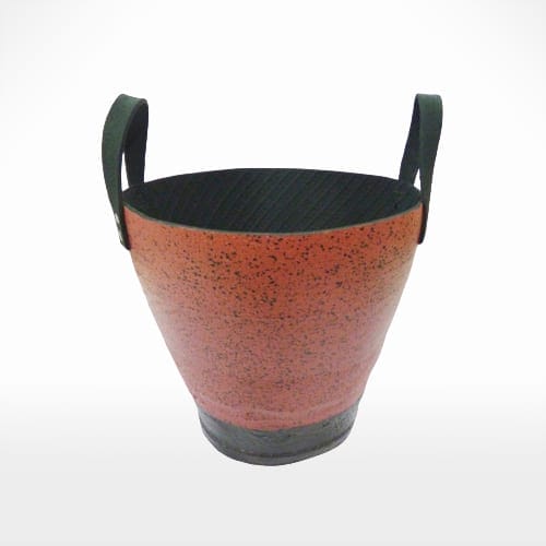 A bucket with handles on a white background, available in red and black.