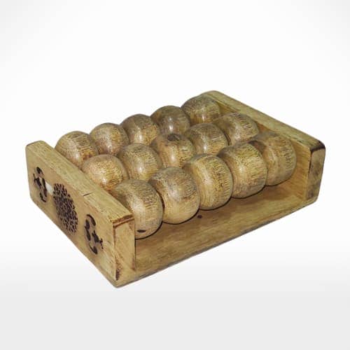 A wooden box containing various wooden balls, available for purchase.