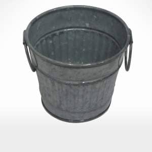 A gray metal Planter with handles on a white background.