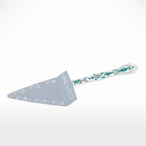 A Handpainted Pie Cake Server with a blue and white design on it.