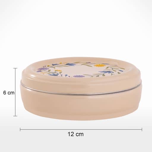 A round container with a Floral Steel Spice Box design.